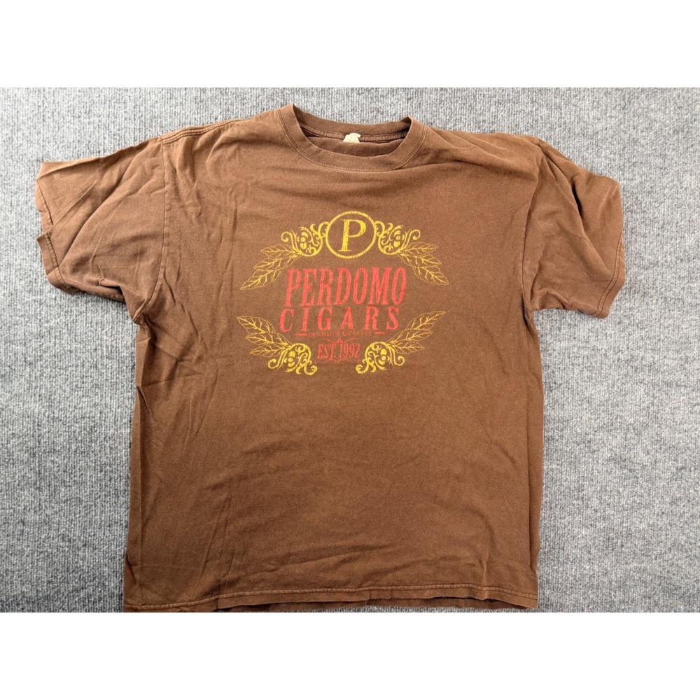 Perdomo Cigars Shirt Mens L Brown Graphic Tee Y2K Cotton Short Sleeve Est 1992